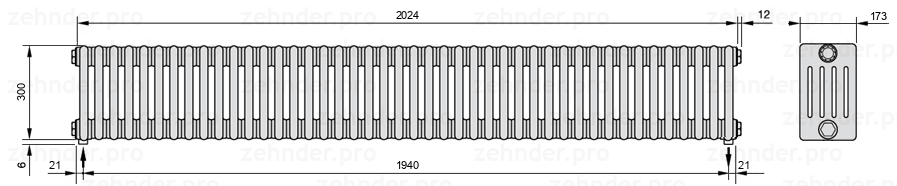 Схема (чертеж) Радиатор Zehnder Charleston 5030/44 №3570 Белый глянцевый RAL 9016
